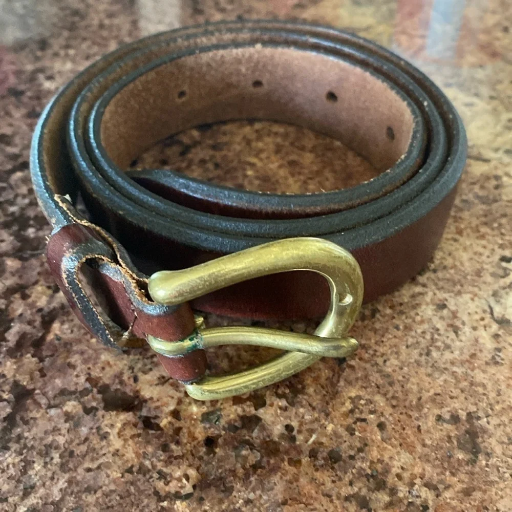 Fossil Brown leather Belt Mens M Solid Brass Buckle Simple minimalist Western